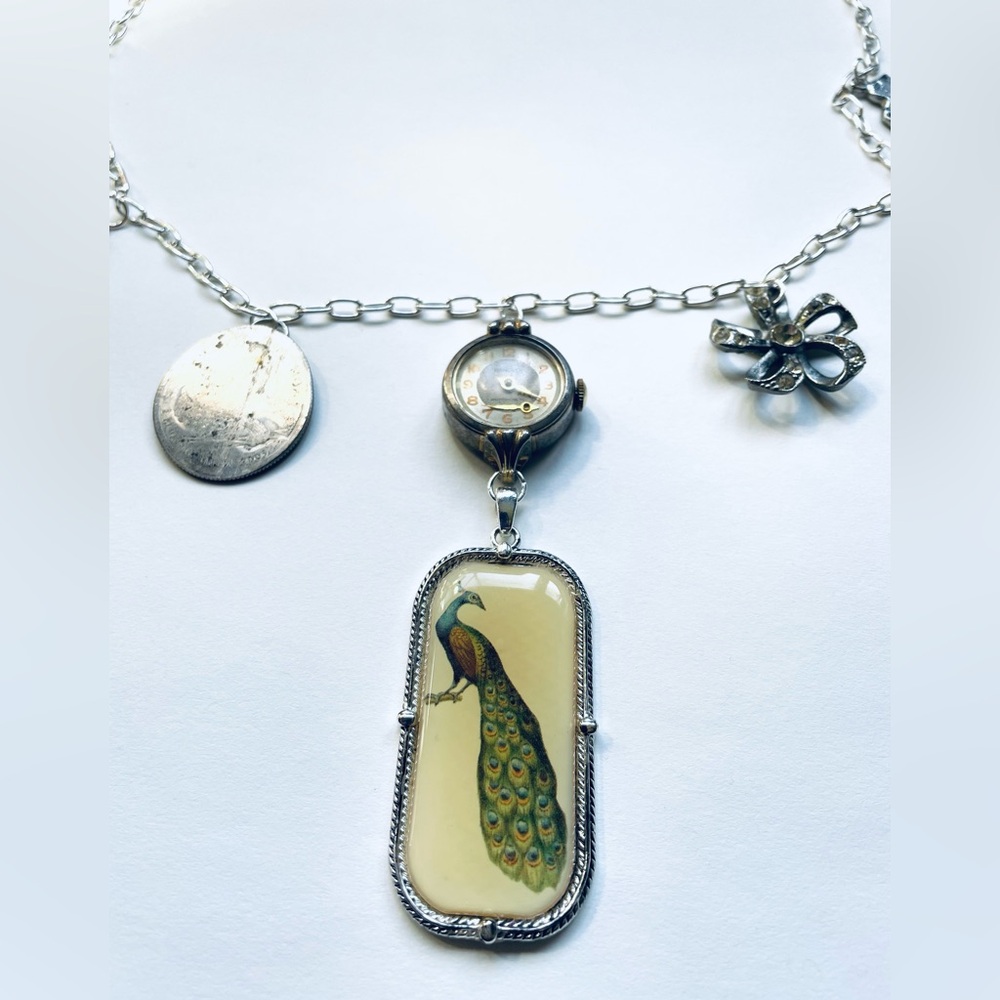 Silver Found Object Charm Necklace With Peacock Charm - Picture 2 of 6